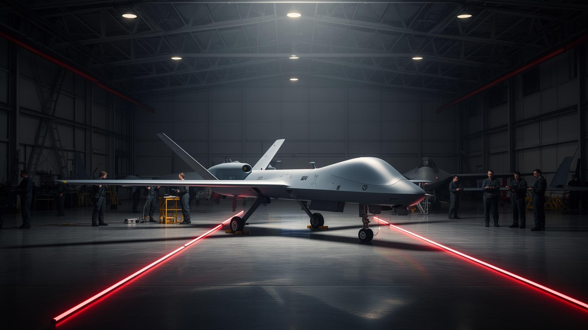 Tactical reconnaissance UAV in a defence aerospace hangar with red marker lights