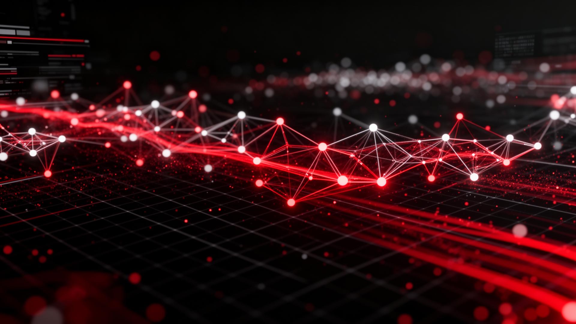 Abstract red neural network nodes representing AI threat detection
