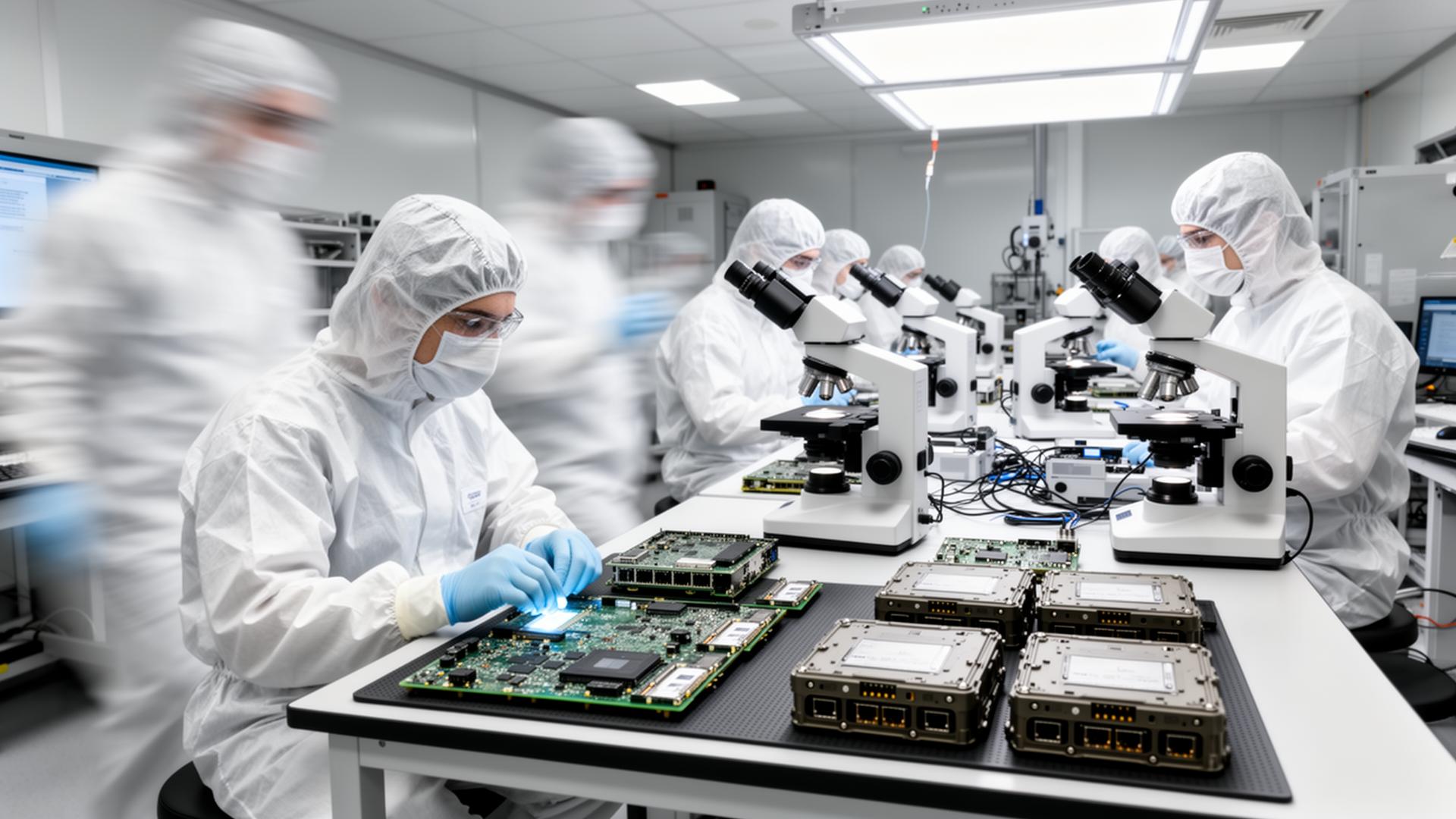 Bixi Tech engineers in cleanroom suits assembling defence-grade circuit boards under microscopes