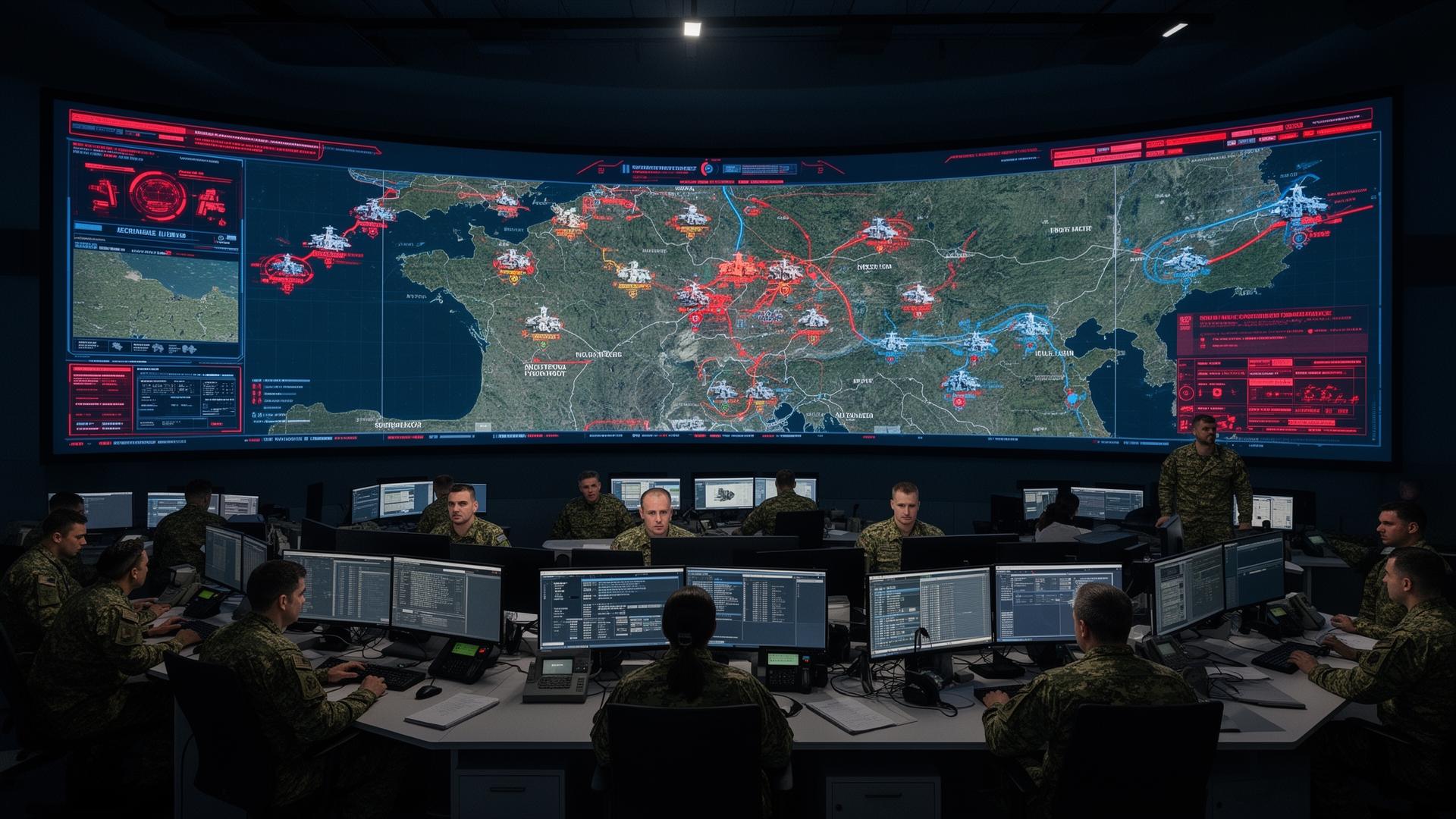 Defence command room with large tactical wall display monitored by military analysts