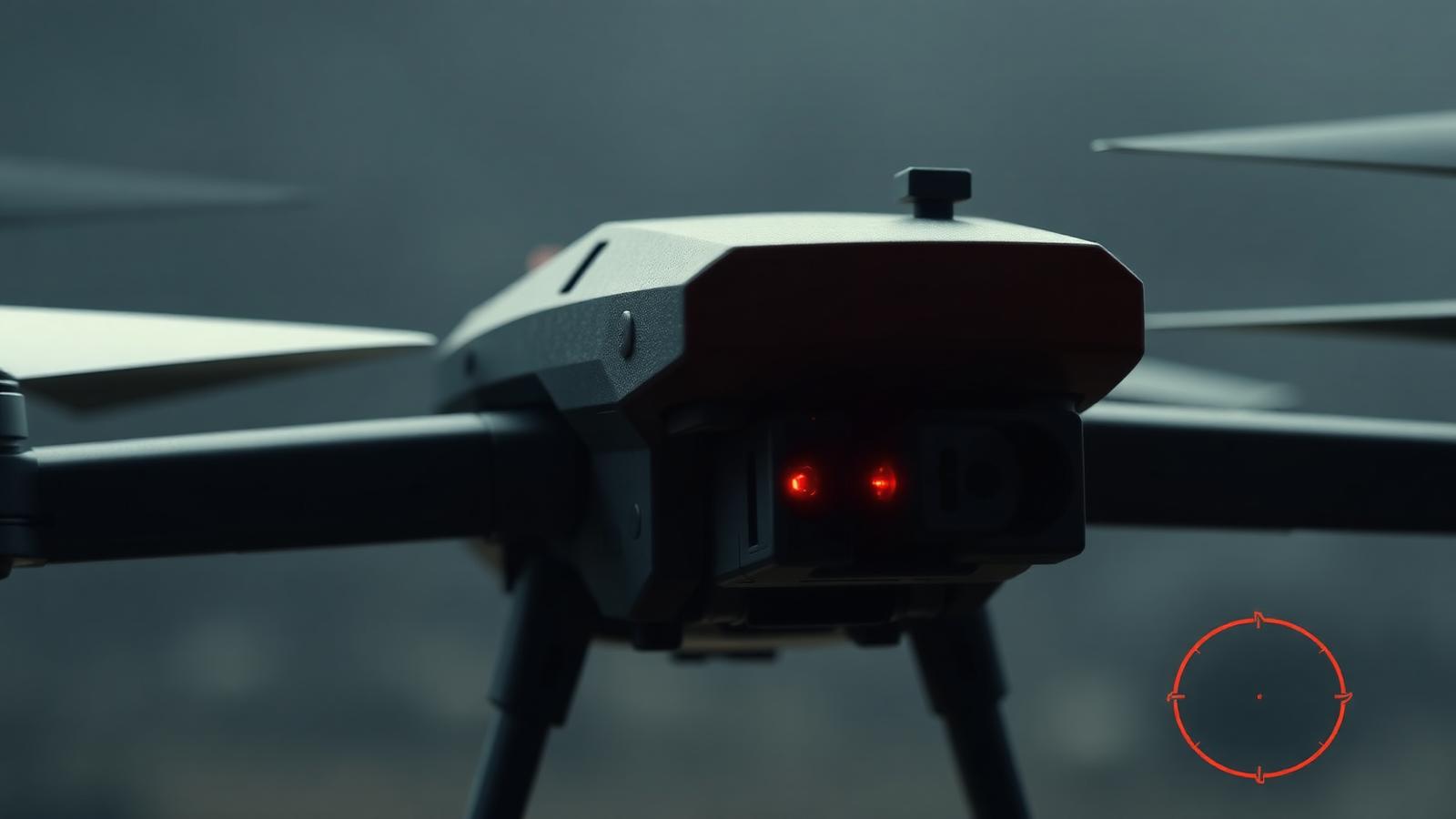 Close-up of a reconnaissance UAV with stereo cameras and IMU, terrain-map overlay