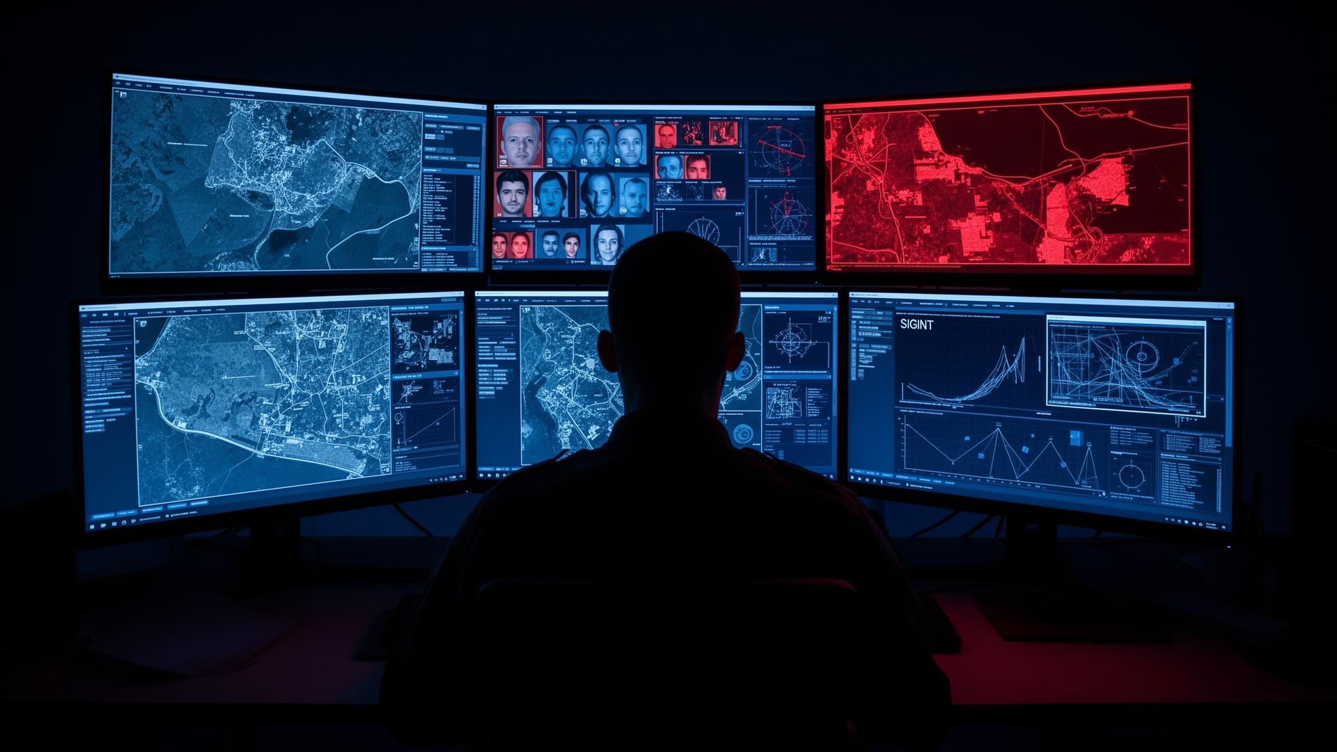 Intelligence analyst at multi-monitor workstation with maps and SIGINT feeds