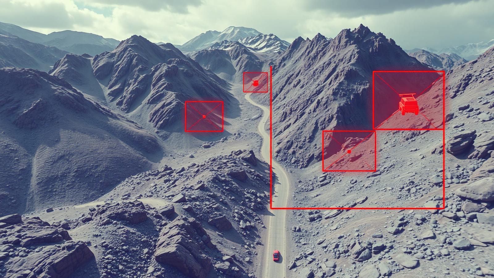 Aerial view of a mountain pass with red CV bounding boxes around moving targets