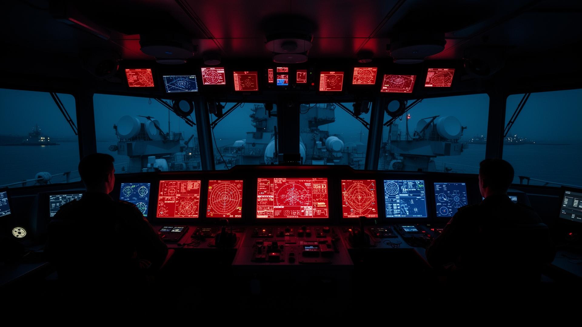 Naval warship bridge at night with red-lit radar and tactical displays