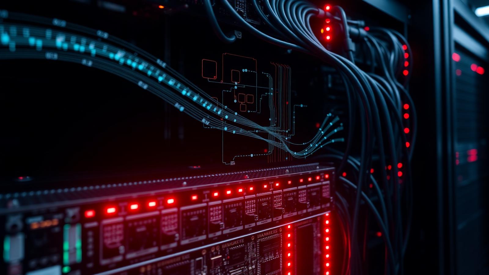 Heterogeneous edge AI compute rack with mixed NPU and SBC modules, vendor-neutral, with token-stream visualization