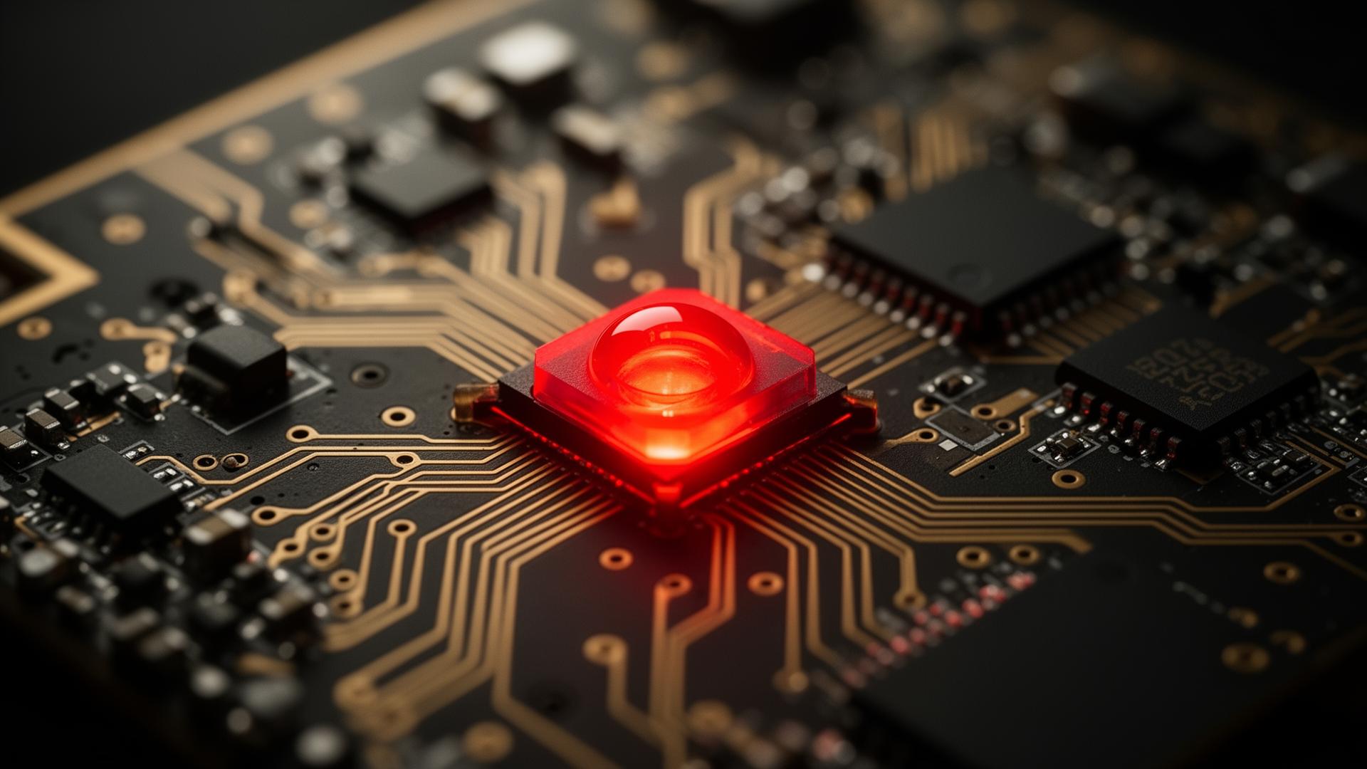 Macro view of a defence-grade printed circuit board with a glowing red LED