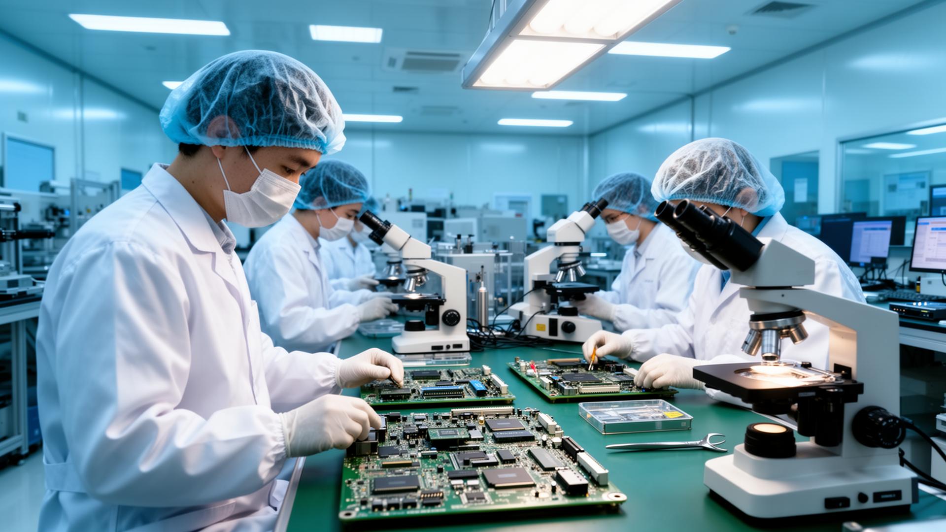 Bixi Tech secure manufacturing facility — engineers assembling defence-grade circuit boards in a clean room