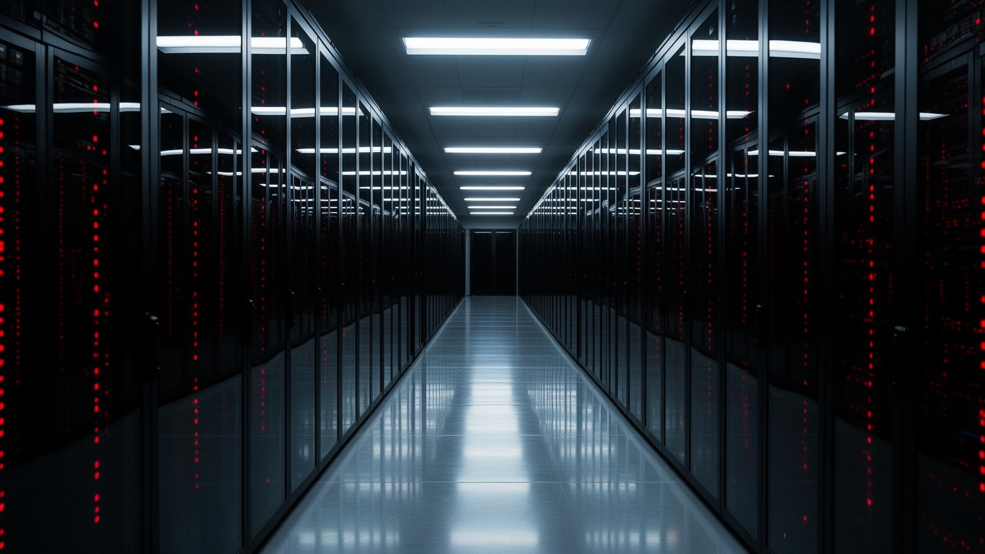 Sovereign secure server vault corridor with mirrored racks and red status LEDs