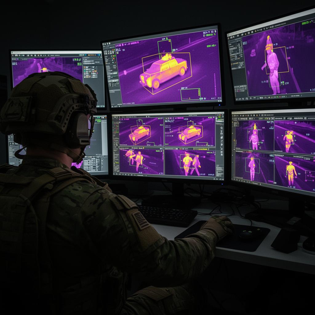 Tactical surveillance operator monitoring thermal feeds and computer vision detections